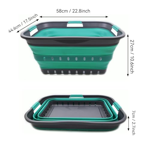 Image of SAMMART 42L (11 gallon) Collapsible Plastic Laundry Basket - Foldable Pop Up Storage Container /Organizer - Portable Basket - Space Saving Hamper /Basket (2, Grey /Turquoise Blue)