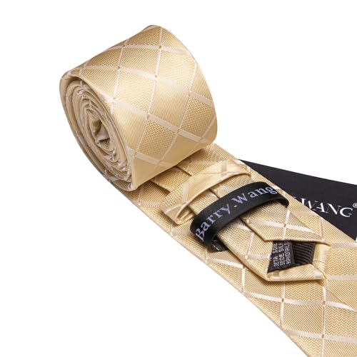 Image of Barry.Wang Plaid Ties Check Mens Necktie Set with Handkerchief Cufflinks Classic Stripe