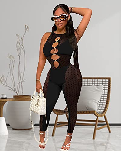 Doweha Womens Sexy One Piece Mesh Jumpsuit Summer Bodycon Hollow Out Party Club Rompers Rhinestone Up Polka Dot Outfit Black M #TOP2