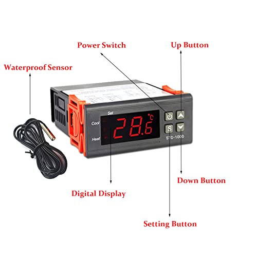 Sipytopf Stc-1000 Digital Temperature Controller,Ac 10A 110V-220V Digital Led Temperature Controller Heating Cooling Centigrade Thermostat 2 Relays Output With Ntc Sensor Probe (1 Pack) #TOP1