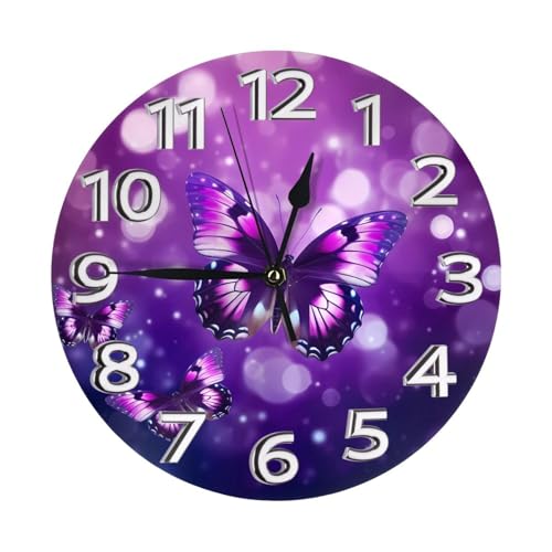 YHLKLWKSZC Orologio da parete rotondo a forma di farfalla, viola, con numero, funzionamento a batteria, 25,4 cm, silenzioso, senza ticchettio, per bagno, camera da letto, soggiorno, cucina, ufficio