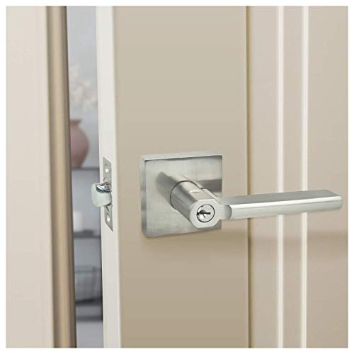 Image of Nuk3y Hulk Series Lever Door Handle Slim Square Modern Contemporary Lever Set (Entry, Satin Nickel)