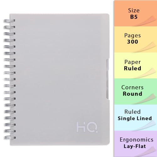 Image of HQ by Navneet | Five Subject Spiral Wiro Binding Office Notebook for Personal and Office Use | B5 Size - 25 cm x 17 cm | Grey | 300 Pages