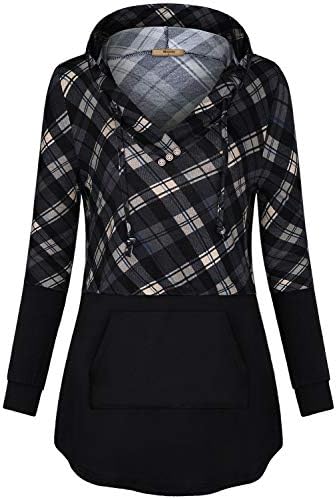 Miusey Plaid Spliced Pullover, Women Long Sleeve Sweashirts Hooded V Neck Flare Draped Hem Baggy Hoody Casual Loose Fit Stretch Checkered Hoodies Grey XXL