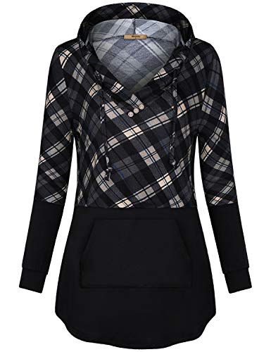 Miusey Plaid Spliced Pullover, Women Long Sleeve Sweashirts Hooded V Neck Flare Draped Hem Baggy Hoody Casual Loose Fit Stretch Checkered Hoodies Grey Xxl #TOP1