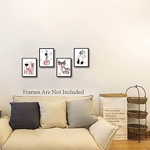 CREATCABIN 4pcs Unframed Pink Fashion Women Canvas Wall Art Print High Heels Flowers Perfume Makeup Home Decor Wall Art Modern Artwork for Dressing Room Bedroom Bathroom Home Girls Gift 8 x 10inch