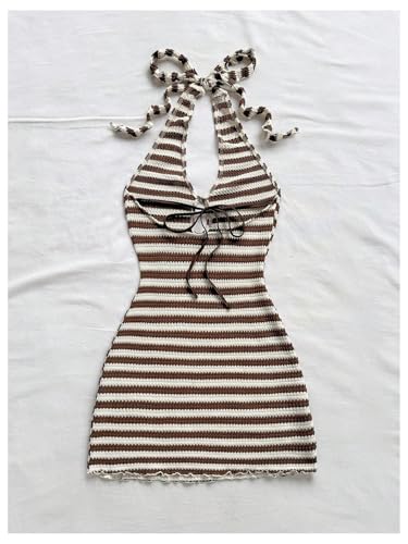 Image of GORGLITTER Women's Vacation Outfit Crochet Halter Knit Bubble Mini Dress Sexy Beach Cruise Summer Miami Resort Outfits