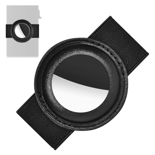 Slim Airtag Holder for Card Holder, UpLook Air Tag Holder for Pop Up Wallet, Anti-Lost Air Tag Accessories with Elastic Cash Strap (Leather Version - Black)