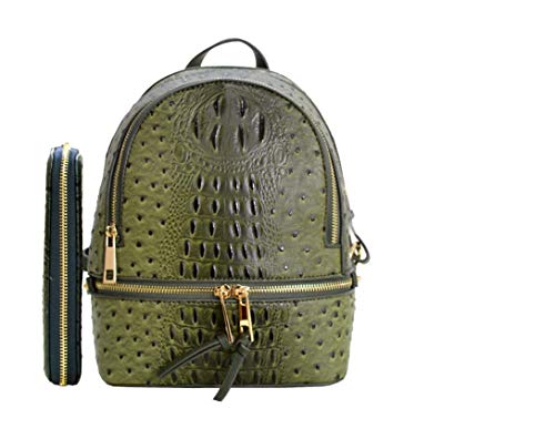 Ostrich Style Vegan Leather Multi-Pocket Oversize Large Fashion Backpack and Wallet SET (Green)