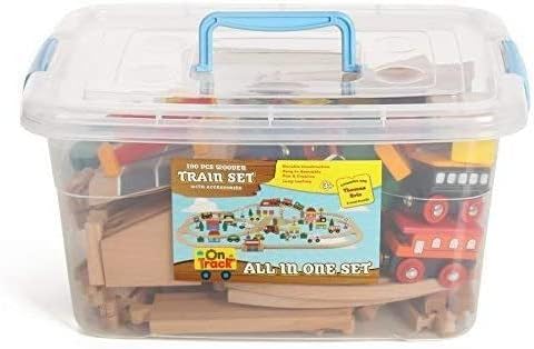 100 Piece All In One Wooden Train Set With Accessories, Comes In A Clear Container, Compatible With All Major Brands