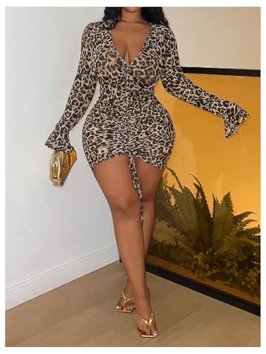 Image of MakeMeChic Women's Plus Size Leopard Print Dress Long Sleeve V Neck Ruched Bodycon Mini Dresses Brown XX-Large Plus