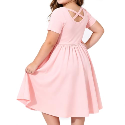 ZFZDRen 3-14Y Plus Size Girls Cotton Loose Short Sleeve Dress A-Line Flowy Casual Dress with Pockets for School (Pink,14Y)