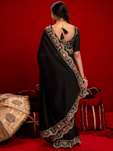 Image of Satrani Women's Vichitra Silk Sequins Embroidery Lace Work Saree with Unstitched Blouse Piece