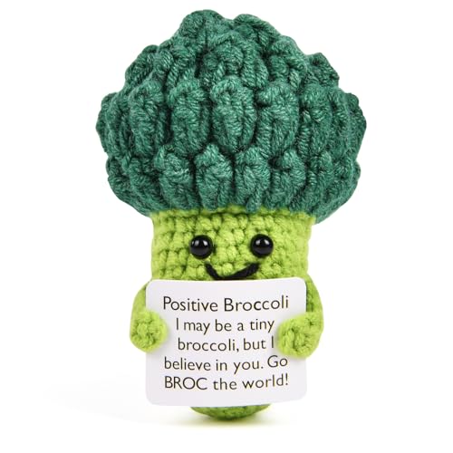 Aolso Lustige Positivitäts-Strickpuppe, gestrickte Puppe mit Positivitätskarte, Glücksgeschenk, lustiges Geschenk, Geburtstagsgeschenk, Party-Dekoration (Brokkoli)