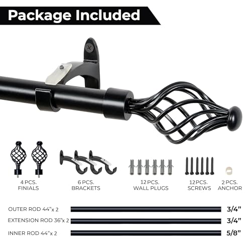 Image of Deco Essential 2 PC 66 inch-120 inch Adjustable Curtain Rod | Heavy Duty Iron Rod with Swirl Finials & Brackets | Extendable Wall Mounted Rod with Thicker Wall Tube, Black Matt.