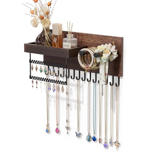Lolalet Wall Mounted Hanging Jewelry Organizer, 15 Hooks Wooden Necklaces Holder with Storage Shelf, Easy Install Earrings Bracelets Hanger -Brown