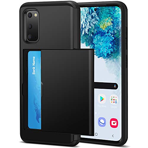 Jiunai Samung S20 Case, [NOT for S20 FE] Wallet Case Credit Card IDs Holder Shell Sliding Cover Non Slip Dual Layer Hard PC Shell Cover Case for Samsung Galaxy S20 5G 2020 Black