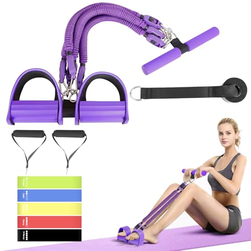 FEFURS 2025 Upgrade Foot Pedal Resistance Band, 4-Tube Elastic Sit Up Pull Rope,Puller Bands for Men and Women, Resistance Band with Pedals, Strength Training Equipment with 5Pcs Loop Exercise Bands