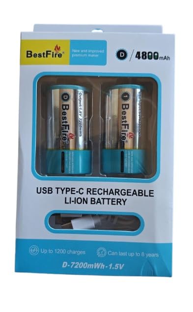 Compatible with BestFire D-7200mWh-1.5V USB 4800mAh Type-C Rechargeable Li-ion Battery (Pack of 2).