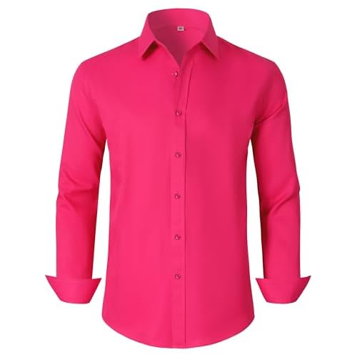 Men's Dress Shirts Regular Fit Solid Long Sleeve Formal Shirt Business Casual Button Down Shirts X-Large 00097_hot Pink