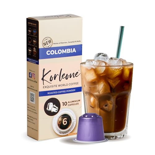 Image of KORLEONE Colombia Aluminium Coffee Capsules 10 Pods (Pack Of 1), Single Origin Intensity 6 Medium Roast Level Compatible With Nesspreso Original Machine,110 Grams