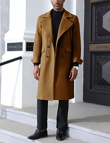 Springrain Men's Pea Coat Double Breasted Overcoat Lapel Coat Classic Long Trench Coat3