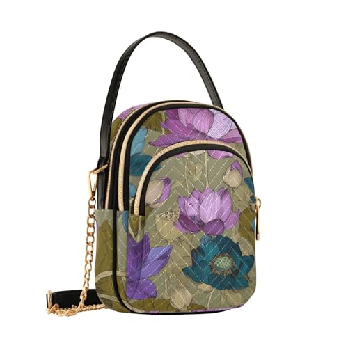 susiyo Blue Purple Lotus Flowers Pattern Crossbody Purse for Women, Quilted Crossbody Bag Ladies Casual Bags Shoulder Bag Phone Purse Handbag Wallet2