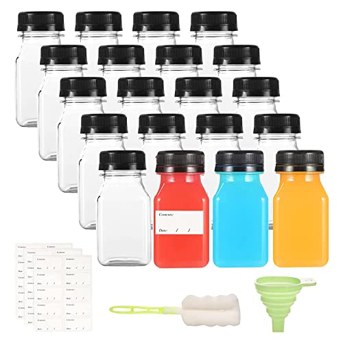Yoosso 20 Pack 4oz/120ml Plastic Juice Bottles with Pouring Funnel and Brush Reusable Shot Bottles with Lids for Storing Juices Water and Other Homemade Beverages