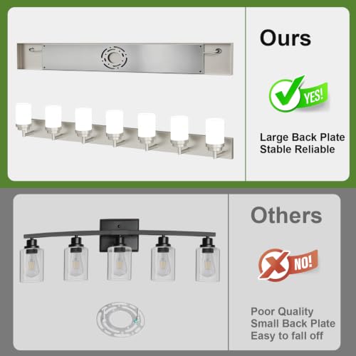 Image of Bathroom Light Fixtures, Brushed Nickel Bathroom Lighting Fixtures Over Mirror, Modern Vanity Light with White Glass Shade, Restroom Lighting Fixtures, 7-Light 54-inch