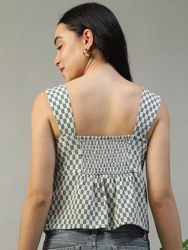 Image of oxolloxo Women Printed Top with Square Neck, Smocked Back, Shoulder Straps, Button Fly and Front Slit in Soft Poly Seersucker Dobby Fabric