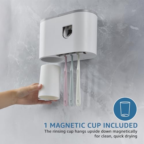 Image of Amazon Basics Wall-Mounted Toothbrush Holder with Automatic Toothpaste Dispenser | 1 Magnetic Cup | White | 20.5L x 10W x 14.5H cm