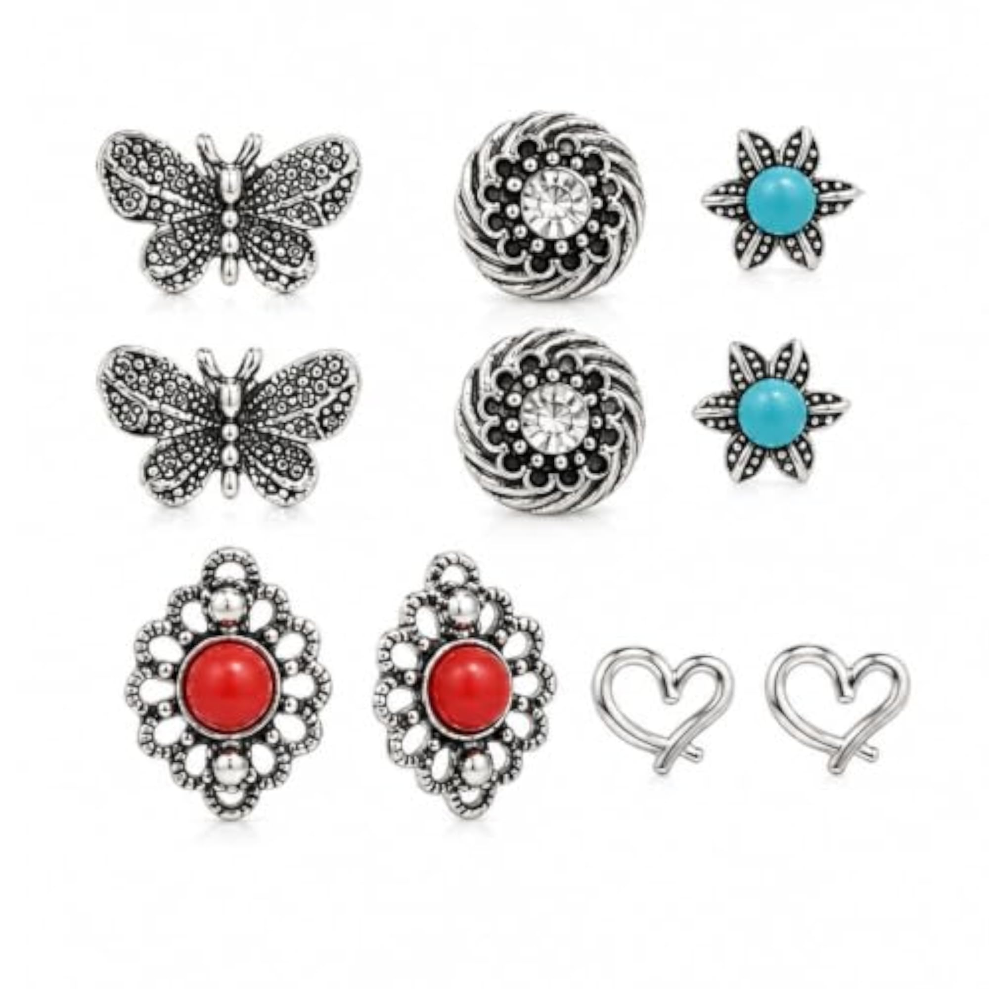 5 Pair Oxidized Silver Tone Floral Leaf Star Stud Earrings Combo Set