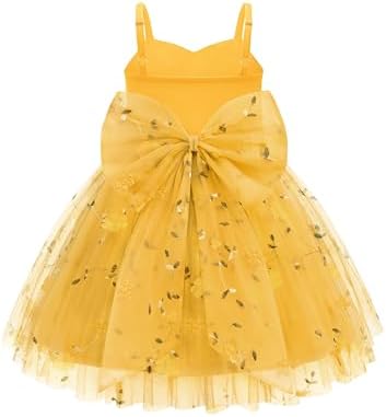 Arshiner Toddler Girls Tulle Dress Bowknot Tutu Birthday Princess Embroidery Yellow Floral Dresses Formal Photoshoot Outfit Summer Clothes 7-8Years