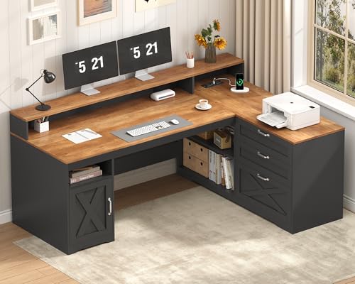 YOMILUVE Farmhouse L Shaped Desk with Drawers, 61