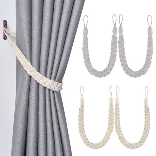 BAUCH Alzapaños Cortinas 2 Piezas Atadura para Cortinas en Trenza de Algodón (Gris - Negro y Blanco - Arroz)（Para Fijar las Cortinas, para Usuarios del Hogar）