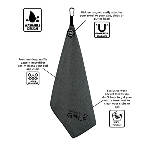 Aiming Fluid Magnetic Premium Golf Towel - Exclusive Wash Pocket - Industrial Strength Magnet - Premium Deep Waffle Pattern Microfiber - 5 Colors - 2 Sizes (Small - Stubby I Grey) #TOP1