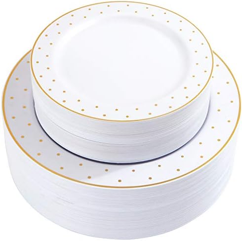 supernal 102pcs Gold Plastic Plates, Gold Rim Plates with Gold Point Design, Party Plastic Plates, Gold Dinnerware Suit for Wedding Includes: 51 Dinner Plates 10.25" and 51 Dessert Plates 7.25"