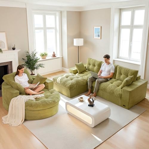 Image of MAXYOYO L Shape Sectional Sofa Couch and Round Chaise Lounge, Modern Cloud Couch with Ottoman, Comfy Sofa with Layered Cushion, Tufted Upholstered Sleeper Chair for Living Room, No Assembly Required