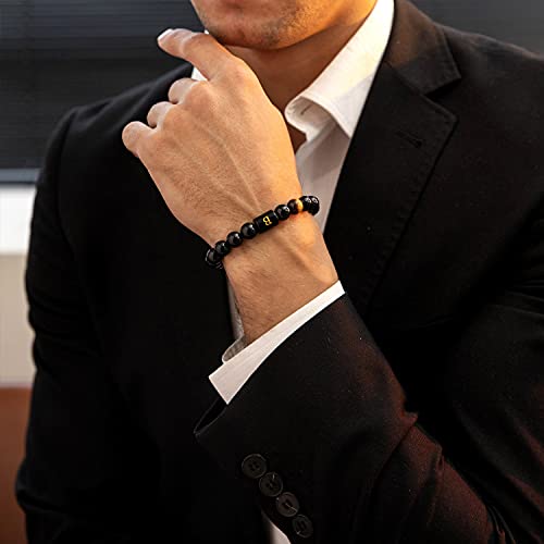 FRG Initials Bracelets for Men Letter Link Handmade Natural Black Onyx Tiger Eye Stone Beads Braided Rope Meaningful Bracelet