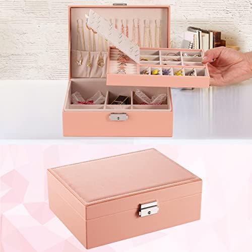 JOYUE Jewellery Box for Women, Two Layer PU Leather Jewelry Storage Case, Jewellery Storage Boxes Display Holder with Key, Travel Jewellery Box Organiser for Rings Earrings Necklace Bracelets (Pink)