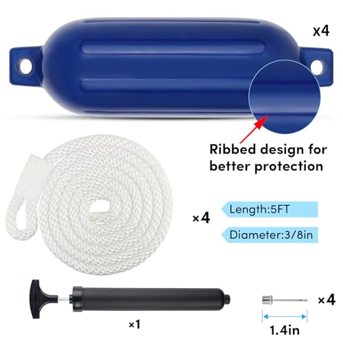VEITHI Boat Fenders 4 Pack, Ribbed Twin Eyes Vinyl Boat Fenders Bumpers, Boat Bumpers for Docking Come with Ropes Needles and Pump to Inflate, Small Bumpers of Boats 4.5 x 16 inch Navy by VEITHI - Used condition - Image 3