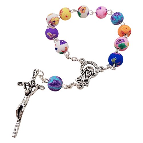TALISMAN4U Catholic One Decade Auto Rosary 8mm Round Colorful Polymer Beads Virgin Mary Centerpiece Jesus Cross Crucifix