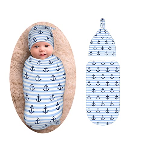 Image of Striped Anchor Newborn Swaddle Blanket with Beanie Set, Soft Stretchy Baby Receiving Blanket Infant Swaddle Sack for Baby Boy and Girl Gifts