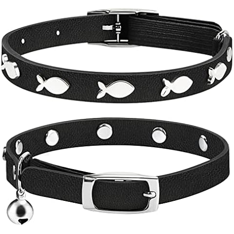 Leather Cat Collars, Handmade Cat Collar with Elastic Strap, Kitten Collars Cute Fish Collar Black for GILR, Boy Kitty (Neck fit 7-10inch) Cover