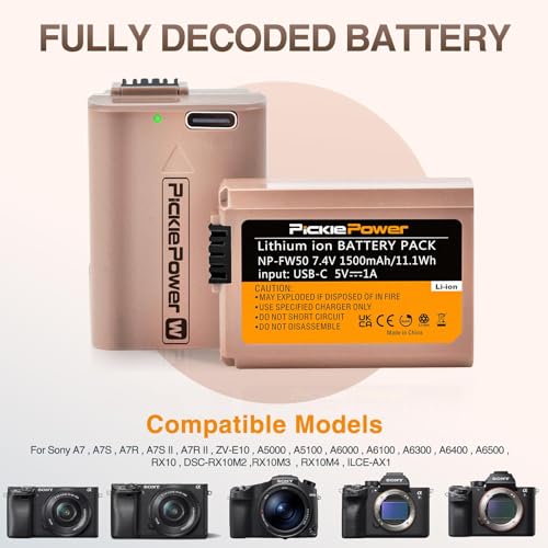 Pickle Power 2 Pack NP-FW50 Battery with Type-C Fast Charging for Sony A7S II, A7R II, ZV-E10, A7, A7S, A7R, A6500, A6400, A6300, A6000, A5100, A5000, RX10, NEX-3, NEX-5 - Thumbnail 2
