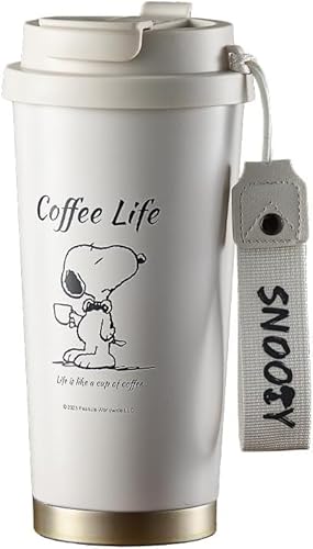 水筒 魔法瓶 スヌーピー コーヒーカップ 真空断熱 大容量 直飲み ストロー付き 洗いやすい 500ml 保冷 保温 広口 漏れない アウトドア 男女兼用 可愛い おしゃれ (white)