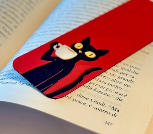 Image of Set of 3 Premium Bookmarks | Great Wave Hokusai Art Inspired, Anime Inspired & Koi Fish | Elegant Frame with Tassel | Perfect Gift for Readers & Collectors | Durable Bioplastic (Chill Cat with Coffee)