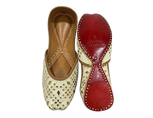 Image of Punjabi Jutti Flats for Women,Cream Bohemian Sandles Traditional Jooti,Handmade Indian Ethnic Beaded Shoes, Crean
