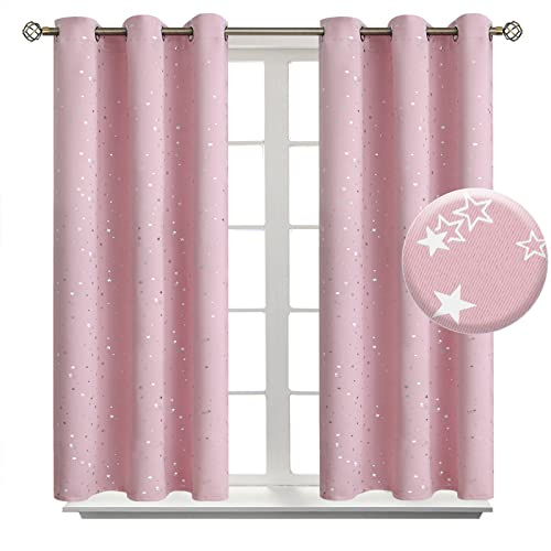Image of BGment Kids Blackout Curtains for Bedroom - Grommet Thermal Insulated Silver Star Print Room Darkening Curtains for Kids Room, Set of 2 Panels, 38 x 45 Inch, Baby Pink