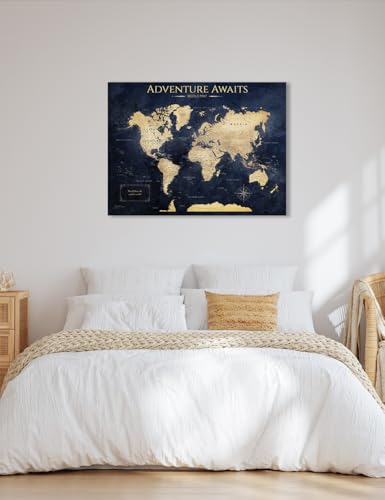Image of IPIC - Push Pin World Map Canvas Wall Art, Oversized World Travel Map Print To Track Your Travels, Pinnable Wall Decor for Home, Office, Study or RV, Ready to Hang, Made in USA